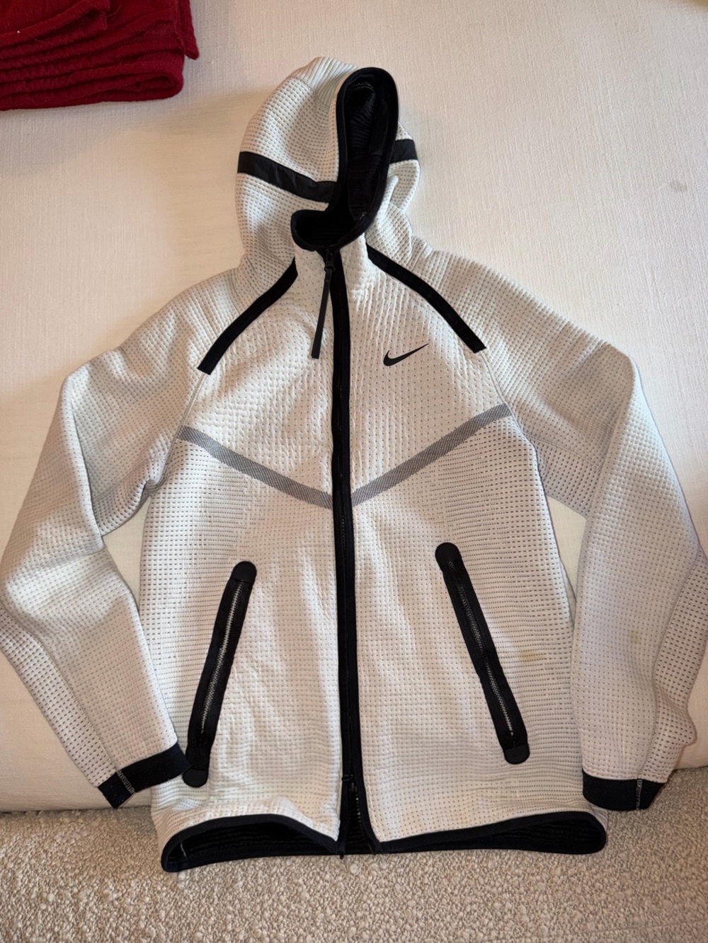 Nike White Perforated Hooded Bomber Jacket with Black Trim